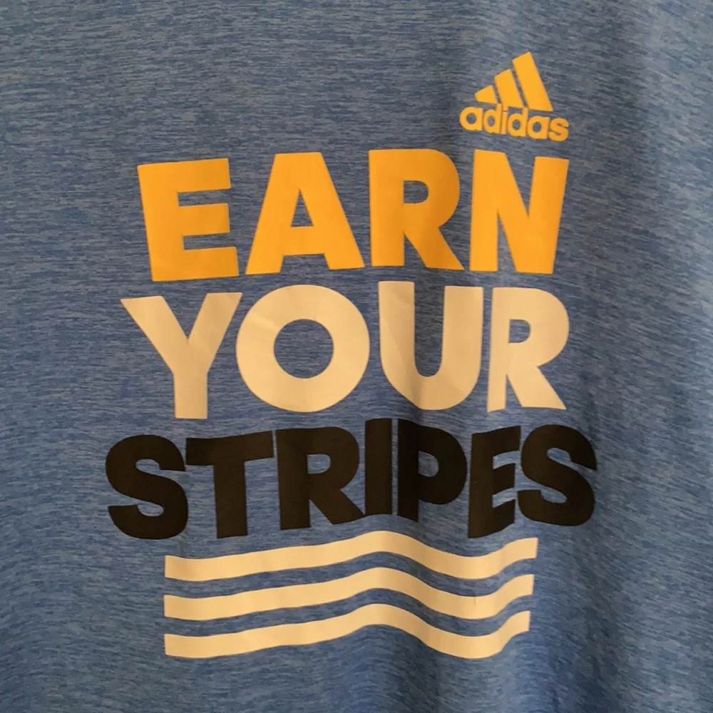 adidas Blue Short Sleeve Polyester Tee Earn Your Stripes Moisture-Wicking 14-16